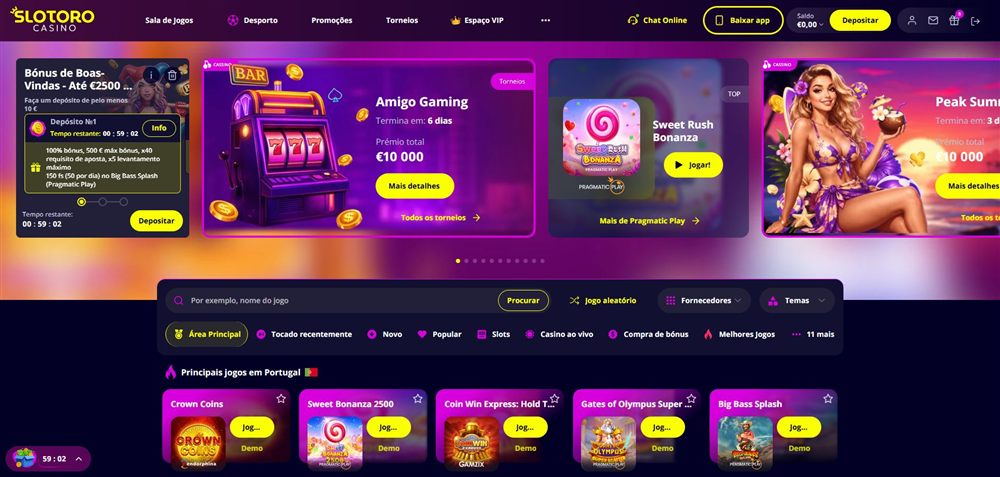 Lobby do Slotoro em português, com a montra de slots